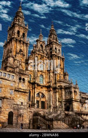 Beeindruckende Fassade der Kathedrale von Santiago de Compostela, der Ziellinie des Jakobswegs in Spanien. Stockfoto