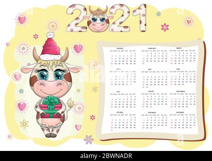 Kalender 2021. Der Bulle ist ein Symbol des neuen Jahres, Cartoon Kuh. Chinesischer Horoskopkalender. Stock Vektor