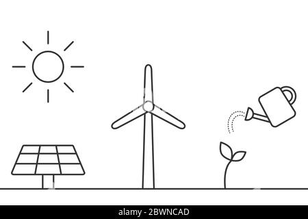 Sonnenkollektoren, Windkraftanlagen, Biokraftstoff-Linien-Symbole. Alternative, nachhaltige Energiequellen. Umweltfreundliche Verfahren für erneuerbare Energien. Schwarzer Umriss Stock Vektor