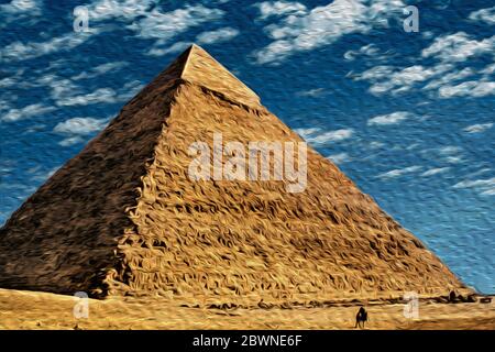 Atemberaubende Aussicht auf die Pyramiden von Gizeh, eine alte Nekropole für Pharaonen. Südwestlich von Kairo, in Ägypten. Stockfoto