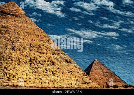 Atemberaubende Aussicht auf die Pyramiden von Gizeh, eine alte Nekropole für Pharaonen. Südwestlich von Kairo, in Ägypten. Stockfoto