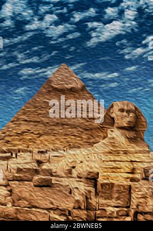 Atemberaubende Aussicht auf die Pyramiden von Gizeh mit der großen Sphinx. Südwestlich von Kairo, in Ägypten. Stockfoto