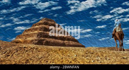 Ägyptisches Reitdromedar neben der Djoser Pyramide, dem ältesten Steinbaukomplex der Geschichte. Das Hotel liegt in Saqqara, Ägypten. Stockfoto