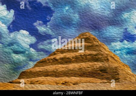 Blick auf die Stufenpyramide Djoser, die älteste Steinbauanlage der Geschichte. Das Hotel liegt in Saqqara, Ägypten. Stockfoto