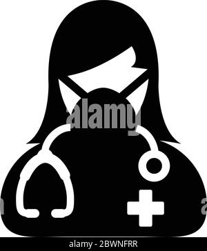 Arzt-Icon-Vektor mit chirurgischer Gesichtsmaske Frauenprofil-Avatar-Symbol mit Stethoskop für die medizinische Beratung im Glyph-Piktogramm Stock Vektor