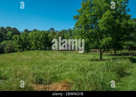 Landschaftlich schöne Kulisse einer gut erhaltenen Hütte auf Ackerland mit der Weide im Vordergrund und umgeben von Wäldern im Hintergrund bei einer hellen Sonne Stockfoto