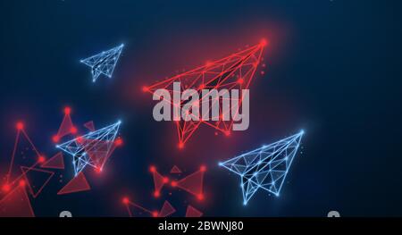 Einzigartigkeit und Individualität Konzept. Rote polygonale Ebene, die unter anderem vor dunklem Hintergrund herausragt, Illustration. Panorama Stockfoto