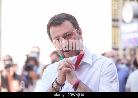 Rom, Italien. Juni 2020. Matteo Salvini, Anführer der Lega Nord bei einem Protest in Rom, Italien am 2. Juni 2020. (Foto: Matteo Nardone/Pacific Press/Sipa USA) Quelle: SIPA USA/Alamy Live News Stockfoto