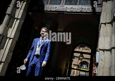 Turin, Italien. Juni 2020. Phase 2 Notruf-19. Das Ägyptische Museum öffnet sich wieder für die Öffentlichkeit auf dem Foto: Der Direktor des Ägyptischen Museums Christian Greco Quelle: Unabhängige Fotoagentur/Alamy Live News Stockfoto