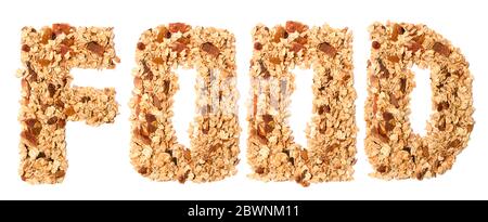 Word Müsli Essen, Haferflocken, schnell, gesundes Frühstück Getreide, Nüsse und getrocknete Früchte. Stockfoto
