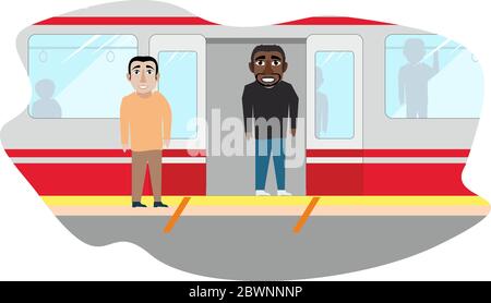 Mann wartet an der U-Bahn-Station. Männer verschiedener Nationalitäten kommen und verlassen die U-Bahn. U-Bahn-Entfernung. Vektor, Illustration. Stock Vektor