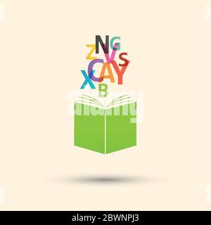 Buch mit fliegenden Buchstaben. Design-Element für Schulungsvorlagen Stock Vektor