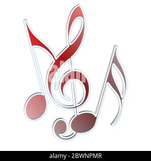 Noten und Notenschlüssel vor weißem Hintergrund Stockfoto