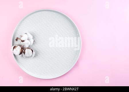 Teller mit Baumwollblumen auf pastellrosa Hintergrund, Draufsicht. Platz für Text Stockfoto