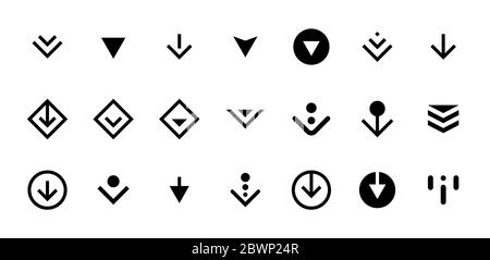 Wischen Sie von oben nach unten oder Download-Symbol Scroll Piktogramm Set isoliert für App Web ui ux Design. Vektor schwarzen Pfeil unten für Anwendung und soziale Netzwerk-Website. Abbildung der einfachen EPS-Tasten Stock Vektor