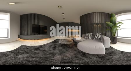 360 panorana schwarz minimalistisch Interieur des modernen Wohnzimmer 3D-Rendering Stockfoto