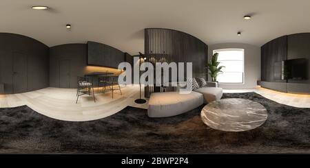 360 panorana schwarz minimalistisch Interieur des modernen Wohnzimmer 3D-Rendering Stockfoto