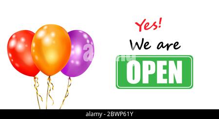 Illustration mit mehreren bunten Ballons mit Bändern und Inschrift SIND WIR AUF weißem Hintergrund OFFEN Stock Vektor