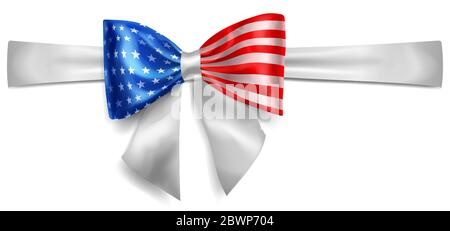 Große Schleife aus Band in USA Flagge Farben mit Schatten auf weißem Hintergrund Stock Vektor