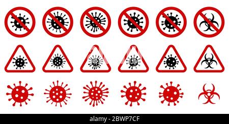 Satz von Coronavirus Warnzeichen. Virensymbole in durchgestrichenen Kreisen und Dreiecken. Rot und Schwarz auf weißem Hintergrund Stock Vektor