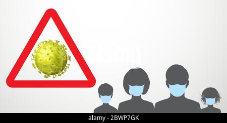 Abbildung mit Coronavirus-Warnung. Warnschild - Virus in rotem Dreieck und schwarze Silhouetten von Menschen in hellblauen medizinischen Masken Stock Vektor