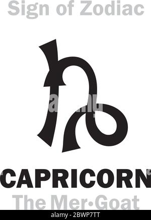 Astrologie Alphabet: Sternzeichen STEINBOCK (die Mer-Ziege). Astrologischer Charakter, Hieroglyphen Zeichen, kabbalistisches Symbol. Stock Vektor