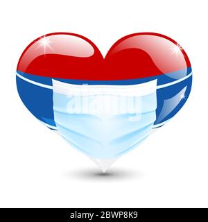 Herz in der serbischen Flagge Farben mit einer medizinischen Maske zum Schutz vor Coronavirus Stock Vektor