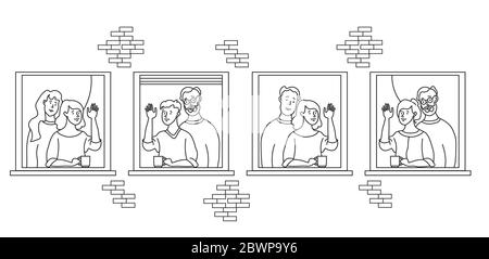 Ältere Paare auf der Suche nach einem Haus. fenster mit Menschen Nachbarn. Ältere und junge Ehepaare, nicht-traditionelle Paar, er und er, sie und sie Stock Vektor