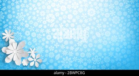Hintergrund mit floraler Textur in hellblauen Farben und mehreren großen weißen Papierblumen mit weichen Schatten Stock Vektor