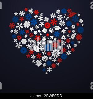 Großes Herz aus Blumen und Blättern, weiß, blau und rot auf schwarzem Hintergrund Stock Vektor