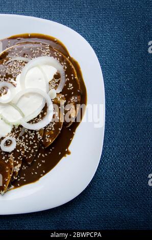 Authentische mexikanische Enchiladas mit Maulwurfsalsa Stockfoto