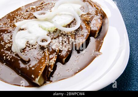 Authentische mexikanische Enchiladas mit Maulwurfsauce Stockfoto