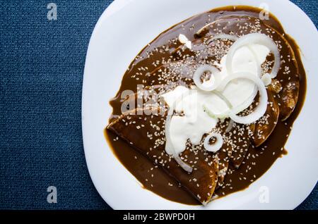 Traditionelle mexikanische Küche: Enchiladas mit Maulwurfsauce Stockfoto