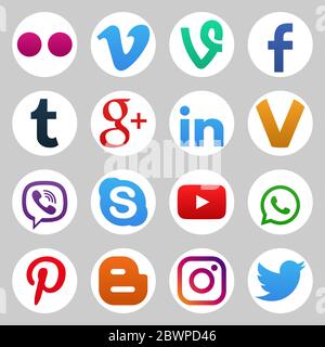 VORONEZH, RUSSLAND - 05. JANUAR 2020: Set von Farben populäre Social-Media-Icons: youtube, instagram, twitter, facebook, whatsapp, pinterest, snapchat, vi Stock Vektor