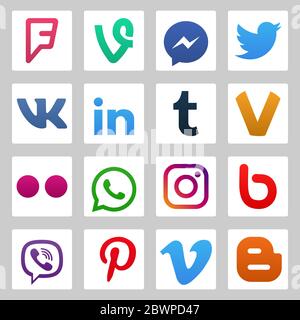 VORONEZH, RUSSLAND - 05. JANUAR 2020: Set von Farben populäre Social-Media-Icons: youtube, instagram, twitter, facebook, whatsapp, pinterest, snapchat, vi Stock Vektor