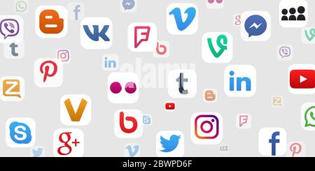 VORONEZH, RUSSLAND - 11. JANUAR 2020: Hintergrund der Farbe populäre Social-Media-Icons: youtube, instagram, twitter, facebook, whatsapp, pinterest, snapc Stock Vektor