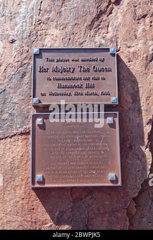 Whyalla South Australia 17. November 2019: Gedenktafel zum Besuch von Königin Elisabeth II. Auf dem Hummock Hill in Whyalla im Jahr 1986 Stockfoto