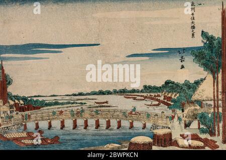 Ein Blick auf die große Brücke bei Senju in der Provinz Musashi von Shotei Hokuju, um 1820, Japanische Kunst Stockfoto