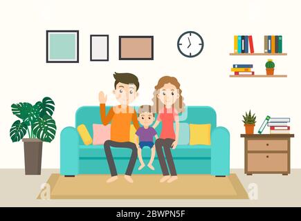 Cartoon glückliche Familie zu Hause bleiben auf dem Sofa im Wohnzimmer - Vektor-Illustration Stock Vektor