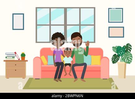 Cartoon glücklich afrikanischen Familie zu Hause bleiben auf dem Sofa im Wohnzimmer - Vektor-Illustration Stock Vektor