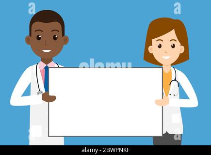 Ärzte Mann und Frau mit leerem Schild für Gesundheitsanzeigen - Vektor-Illustration Stock Vektor