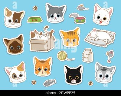 Nette Katze Sticker Sammlung Set, Cartoon Doodles Vektor-Illustration Stock Vektor