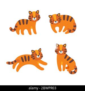 Set aus vier Tigern im flachen Stil. Der Tiger steht, läuft, sitzt und schläft für verschiedene Prints und Designs. Vektorgrafik Stock Vektor