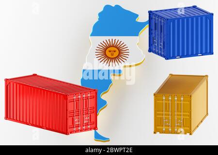 3D-Karte von Argentinien. Frachtversand in Containern. Export aus dem Land in Containern. 3d-Rendering Stockfoto