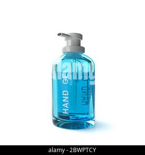 Alkohol Handgel für Protect Covid-19 und Virus, Alkohol Handspray für Protect Virus. Isoliert auf weißem Hintergrund. 3d-Renderdarstellung. Stockfoto