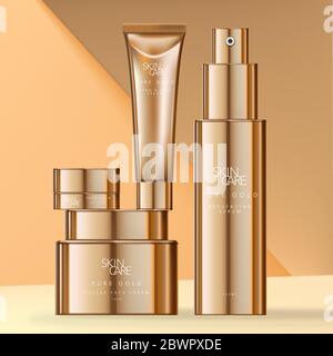 Vektor Hautpflege oder Schönheit vergoldet Verpackung mit Jars, Tube & Flasche. Stock Vektor
