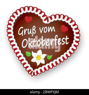 Illustriertes Lebkuchenherz mit Text-Grußbotschaften vom Oktoberfest zum Oktoberfest 2020 2021 Stock Vektor