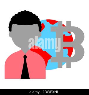 Mensch mit Planet Erde und Bitcoin-Symbol Stockfoto