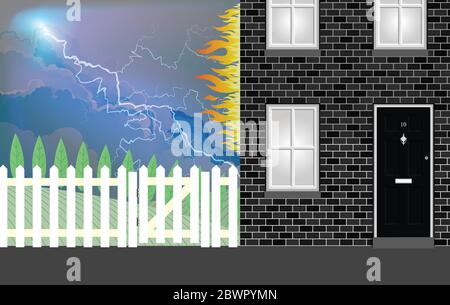 Blitzeinschlag auf Wohnhaus mit Gebäude in Brand mit Flammen aus dem Gelände Stockfoto