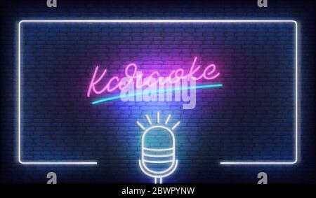 Karaoke Neon Vorlage. Neon-Plakatwand mit leuchtendem Rahmen und Schriftzug Karaoke Stock Vektor